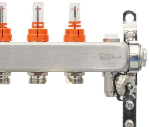 Áramlásmérős osztó-gyűjtő INOX 9 körös, beép. kézi. légt, hőm. kijelzővel 1”x3/4”