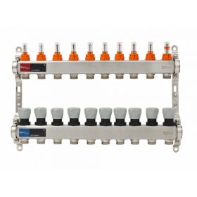  Áramlásmérős osztó-gyűjtő INOX 10 körös, hőmérséklet kijelzővel 1”x3/4”