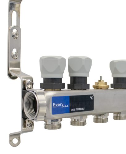 Áramlásmérős osztó-gyűjtő INOX 10 körös, hőmérséklet kijelzővel 1”x3/4”