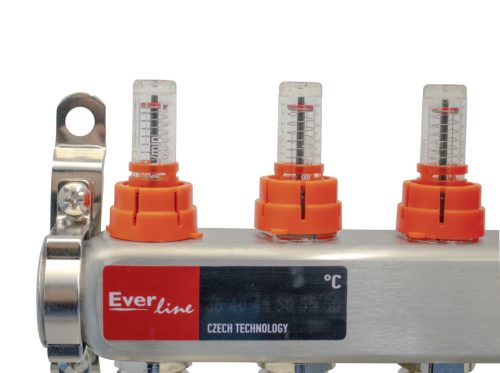 Áramlásmérős osztó-gyűjtő INOX 3 körös, hőmérséklet kijelzővel 1”x3/4”
