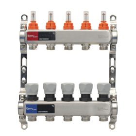   Áramlásmérős osztó-gyűjtő INOX 5 körös, hőmérséklet kijelzővel 1”x3/4”