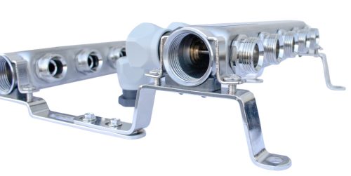 Áramlásmérős osztó-gyűjtő INOX 5 körös, hőmérséklet kijelzővel 1”x3/4”