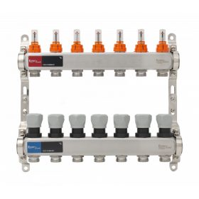   Áramlásmérős osztó-gyűjtő INOX 7 körös, hőmérséklet kijelzővel 1”x3/4”
