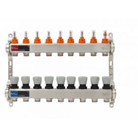   Áramlásmérős osztó-gyűjtő INOX 9 körös, hőmérséklet kijelzővel 1”x3/4”